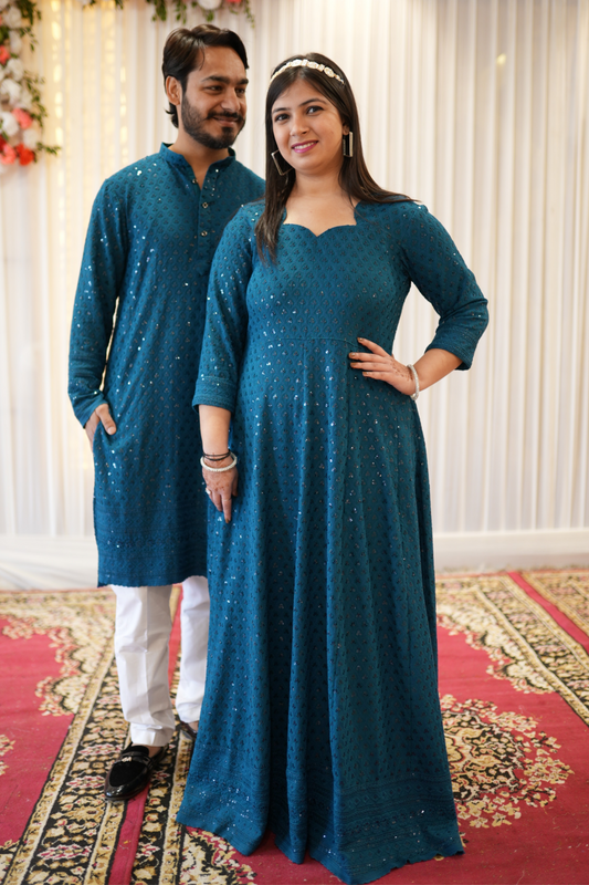 Peacock Blue Sequined Couple Dress