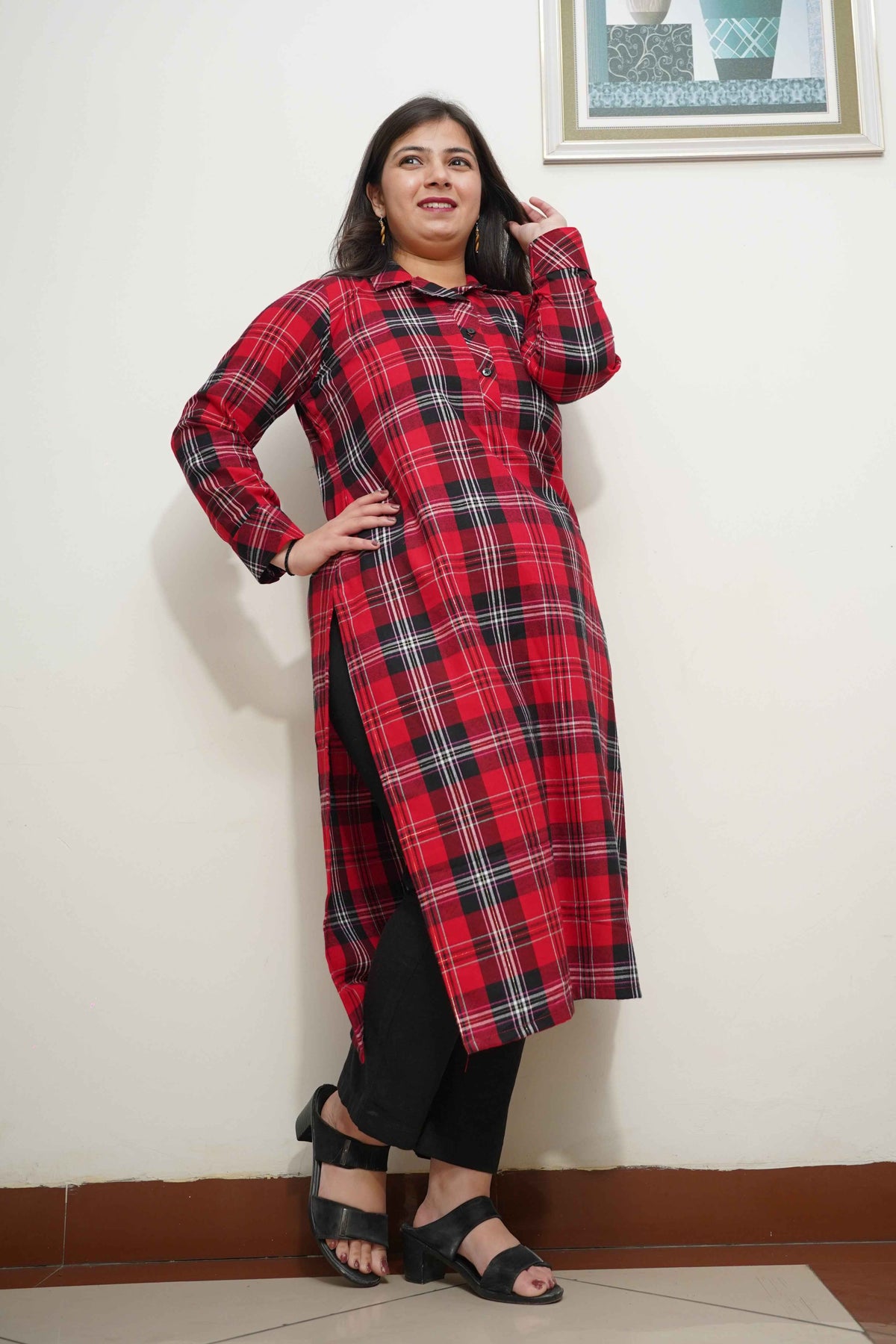 Fiery Red Checked Kurta