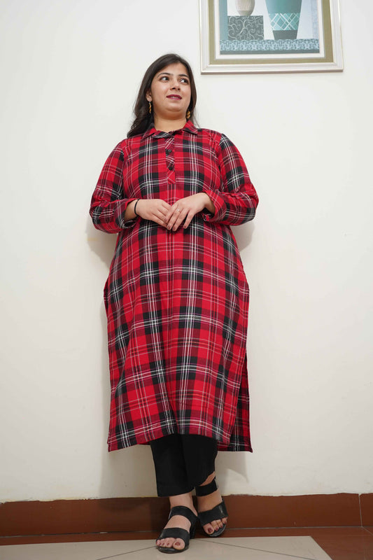 Fiery Red Checked Kurta