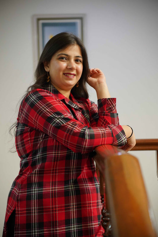 Fiery Red Checked Kurta