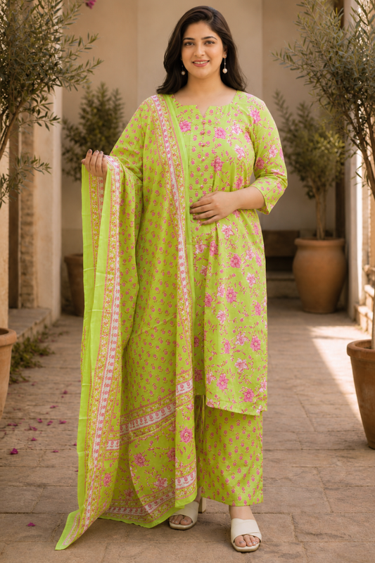 Lime Breeze Printed Cotton Suit