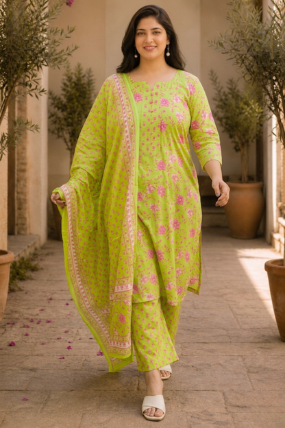 Lime Breeze Printed Cotton Suit