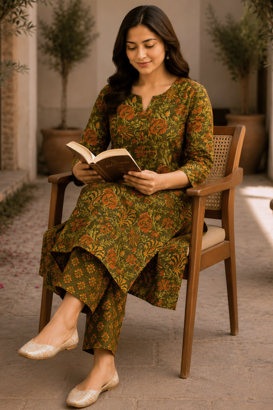Henna Printed Kali Kurta With Cotton Pants