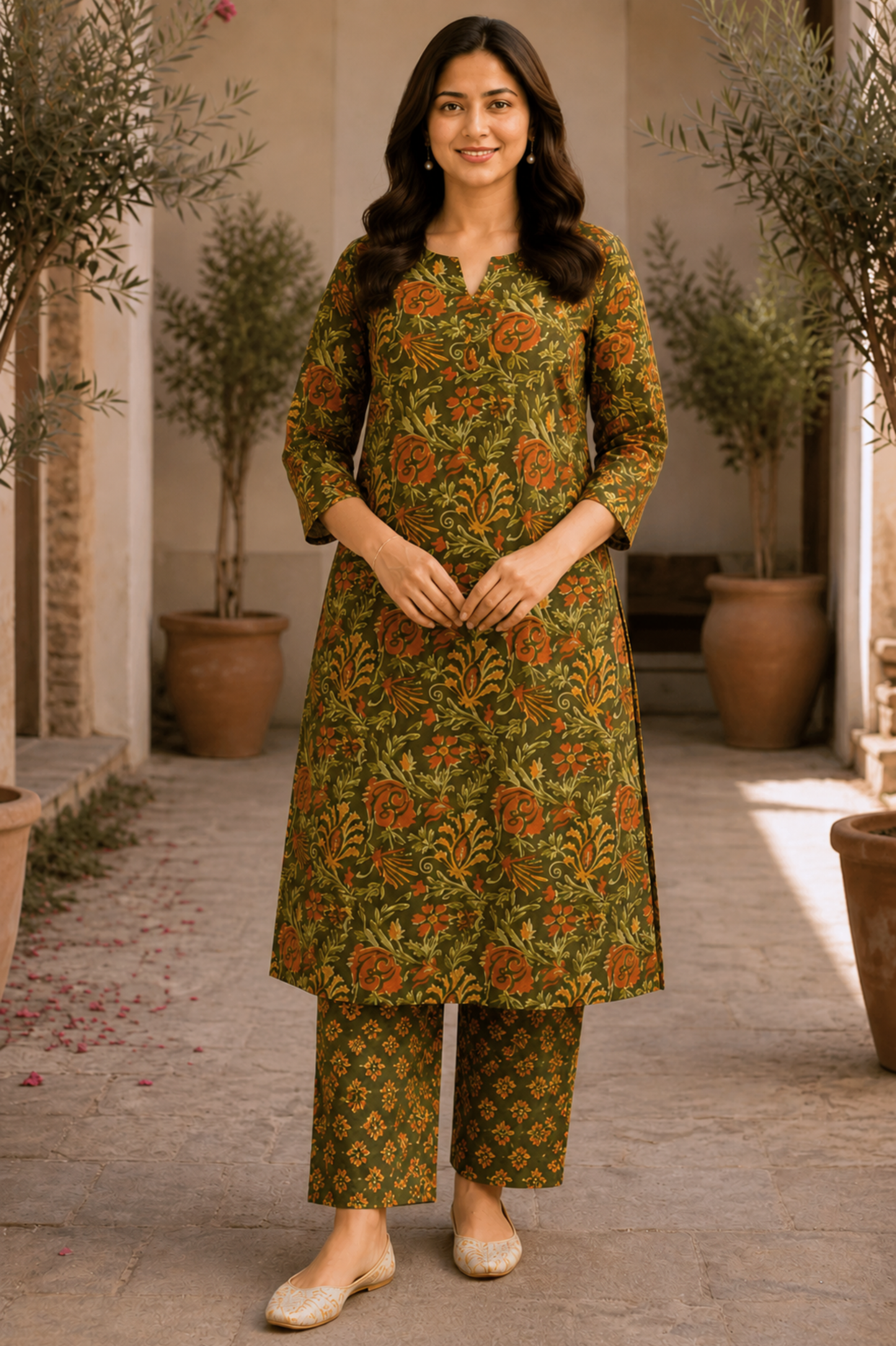Henna Printed Kali Kurta With Cotton Pants