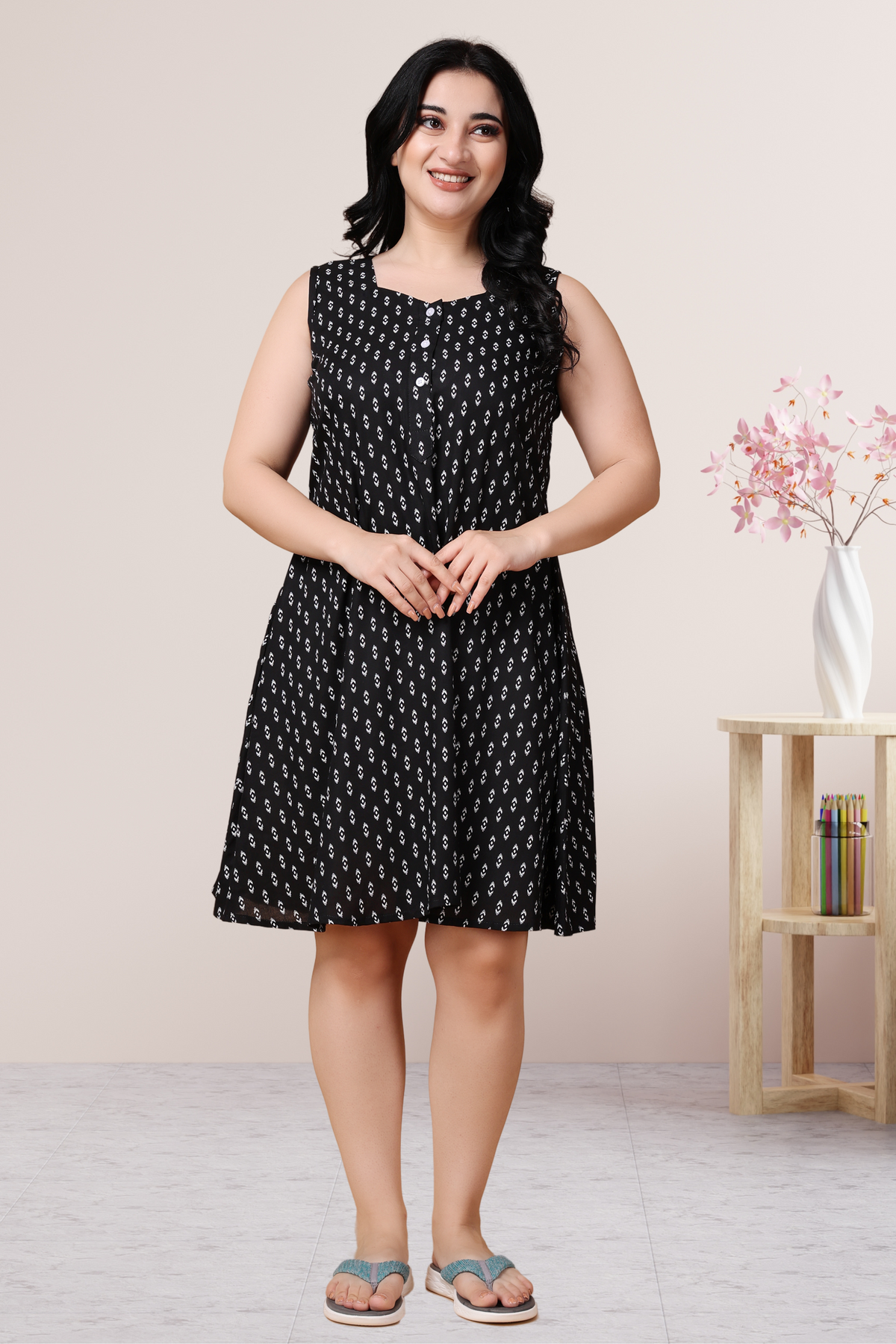 Buy Plus Size ​Starry Black Rayon Short Nighty At Apella | Sizes XS to 10 XL | India | Free Delivery | Customized