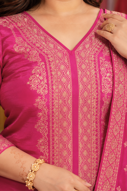 Raavia Magenta Silk Suit With Jacquard Weave