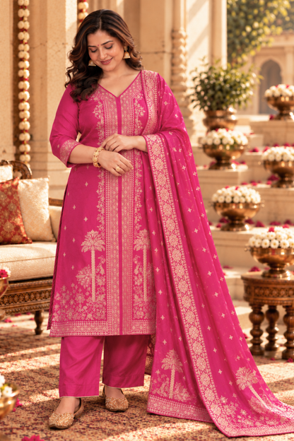 Raavia Magenta Silk Suit With Jacquard Weave