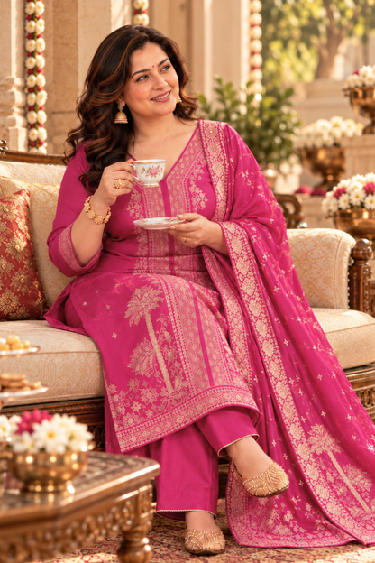 Raavia Magenta Silk Suit With Jacquard Weave