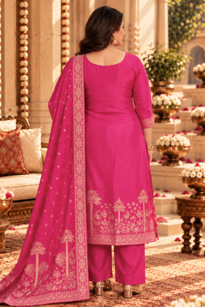 Raavia Magenta Silk Suit With Jacquard Weave