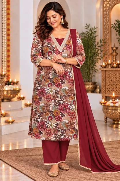 Autumn Maroon Foil Printed Suit Set