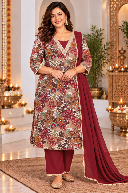 Autumn Maroon Foil Printed Suit Set