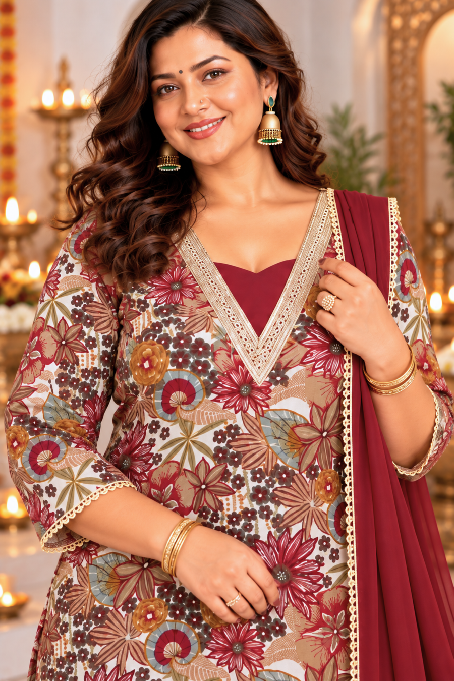 Autumn Maroon Foil Printed Suit Set