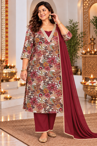Autumn Maroon Foil Printed Suit Set