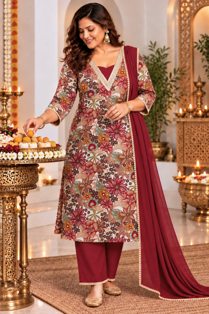 Autumn Maroon Foil Printed Suit Set