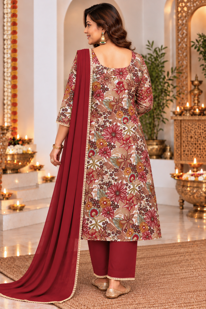 Autumn Maroon Foil Printed Suit Set
