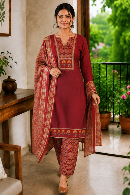 Maroon Gulbahar Cotton Suit Set