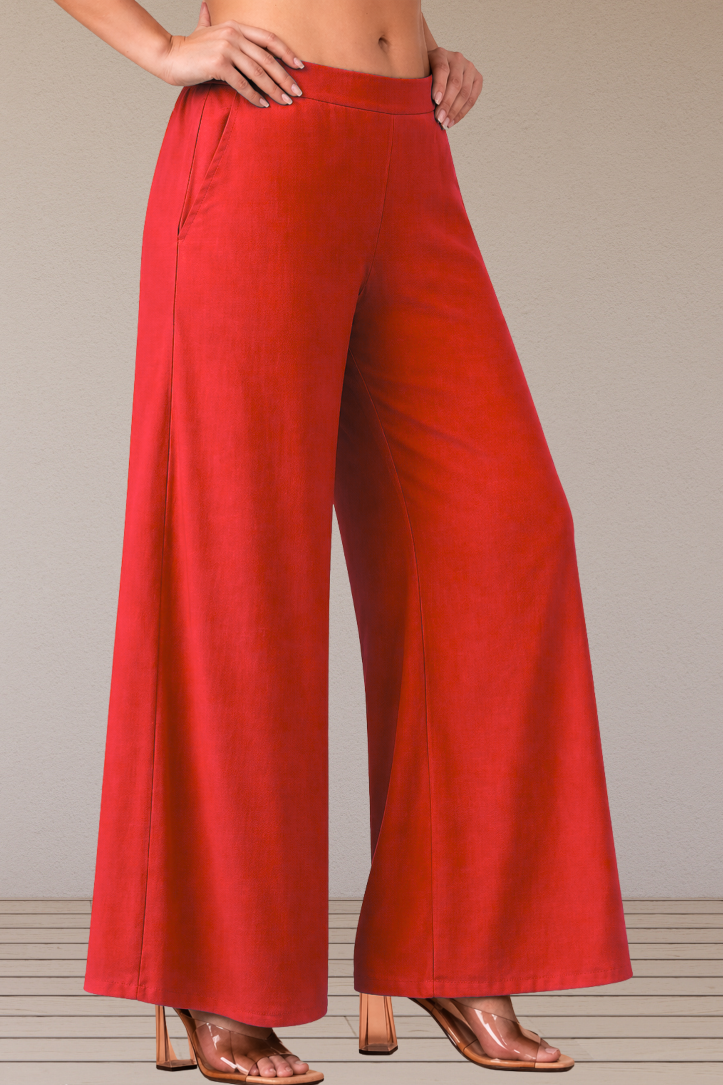Red Belted Rayon Loose Palazzo