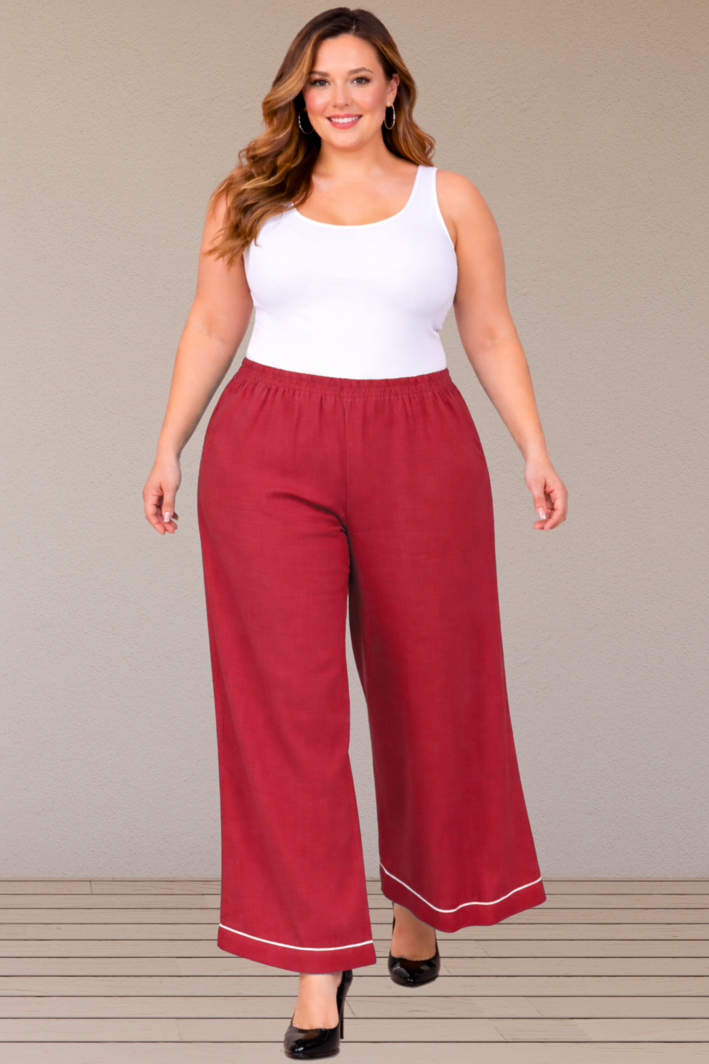 Red Detailed Hemline Rayon Palazzo