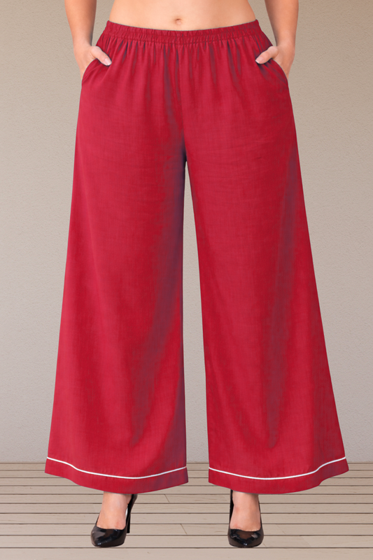 Red Detailed Hemline Rayon Palazzo