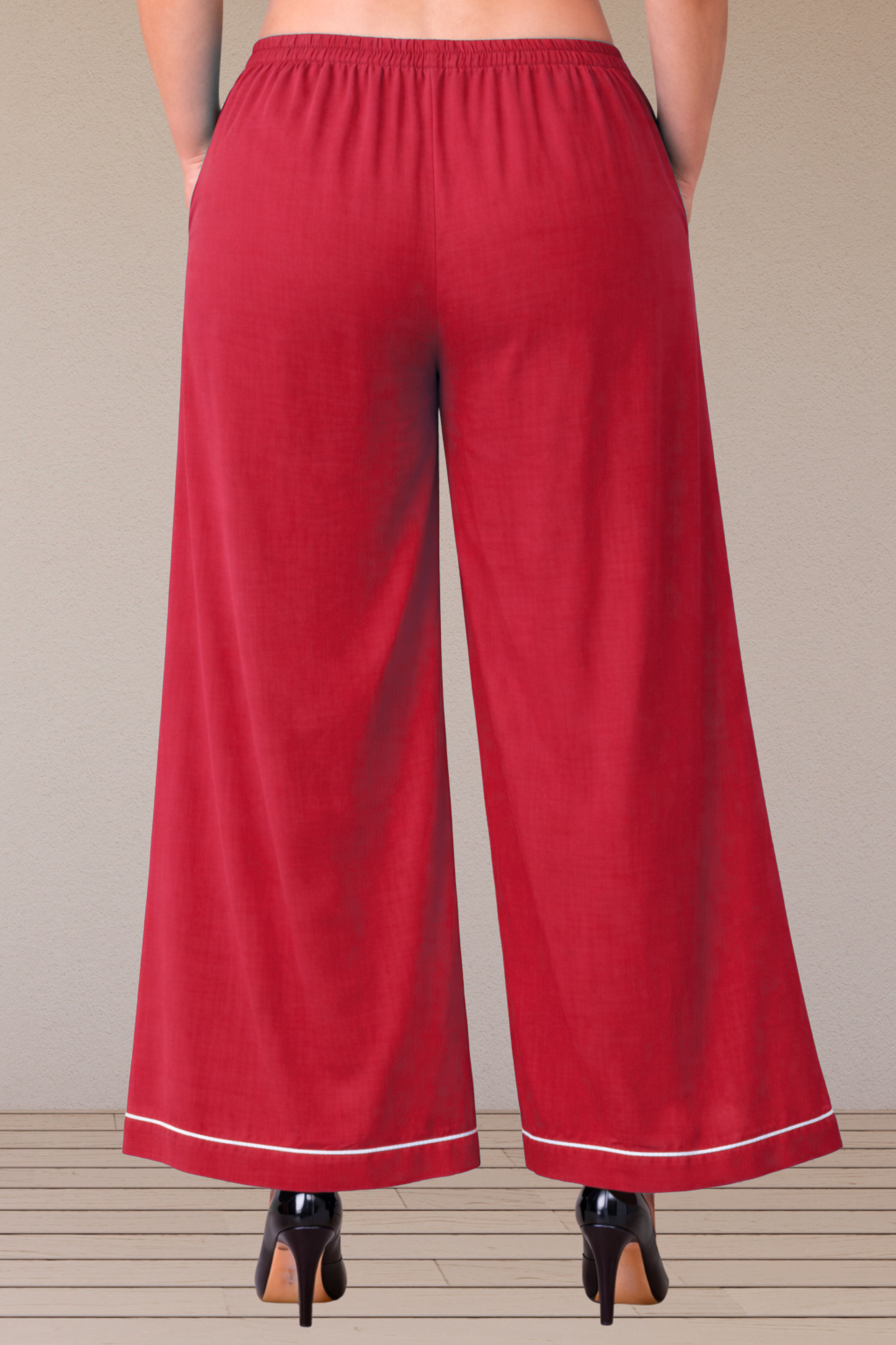 Red Detailed Hemline Rayon Palazzo