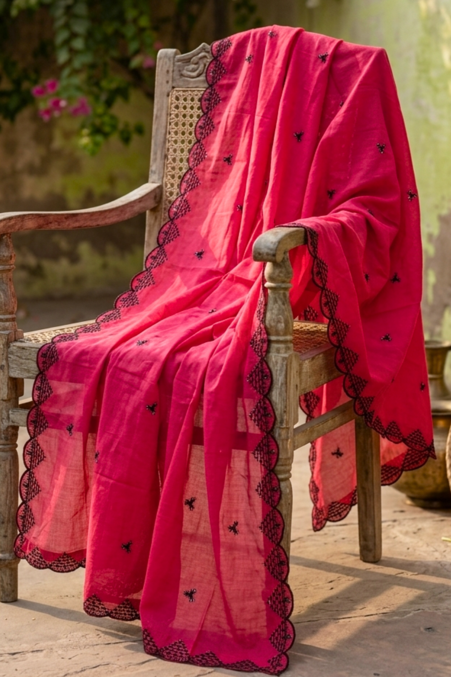 Red Embroidered Mul Cotton Dupatta