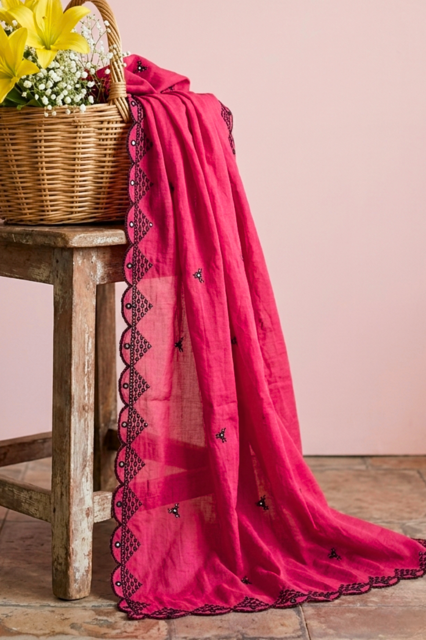 Red Embroidered Mul Cotton Dupatta