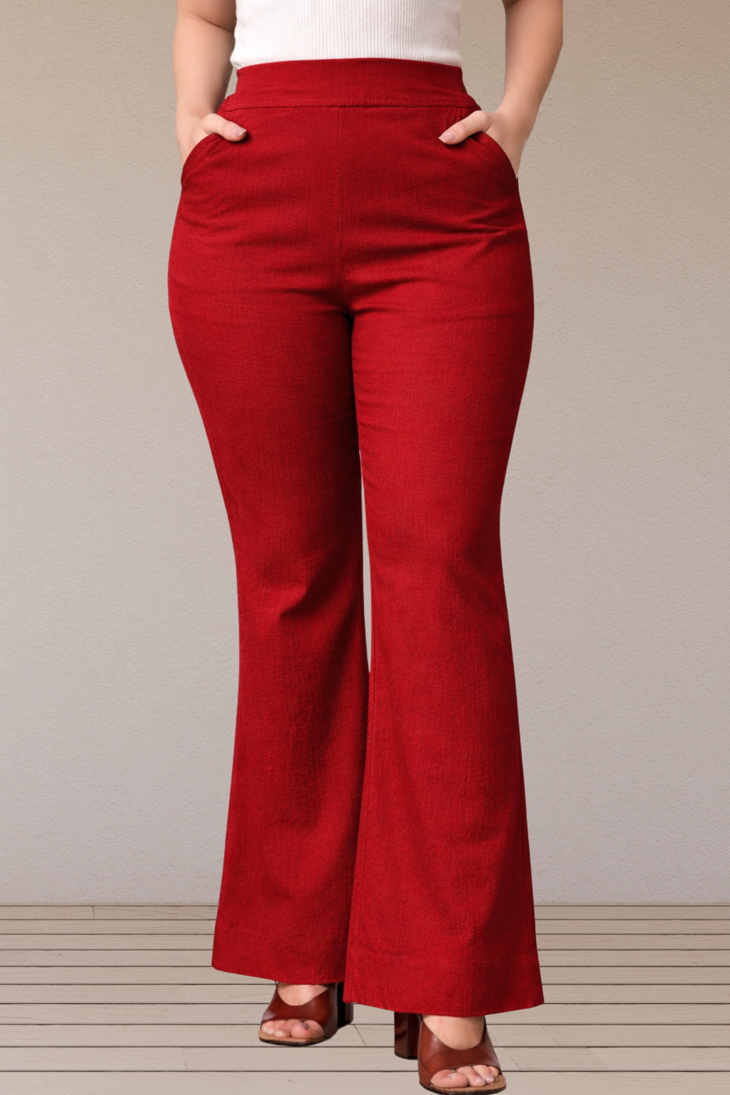Red Flared Slub Pants
