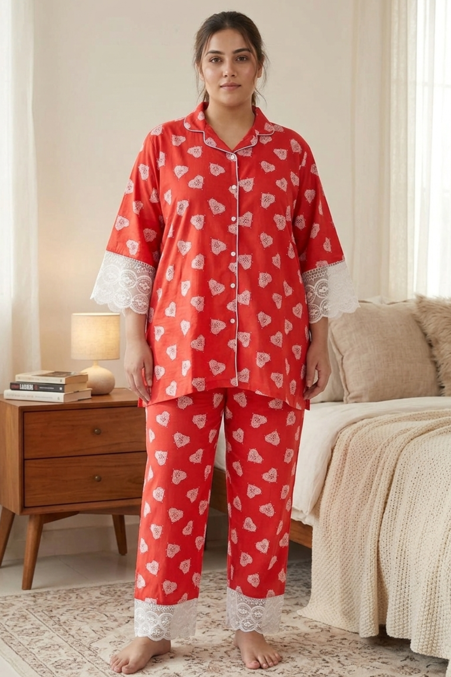 Red Hearty Rayon Night Suit