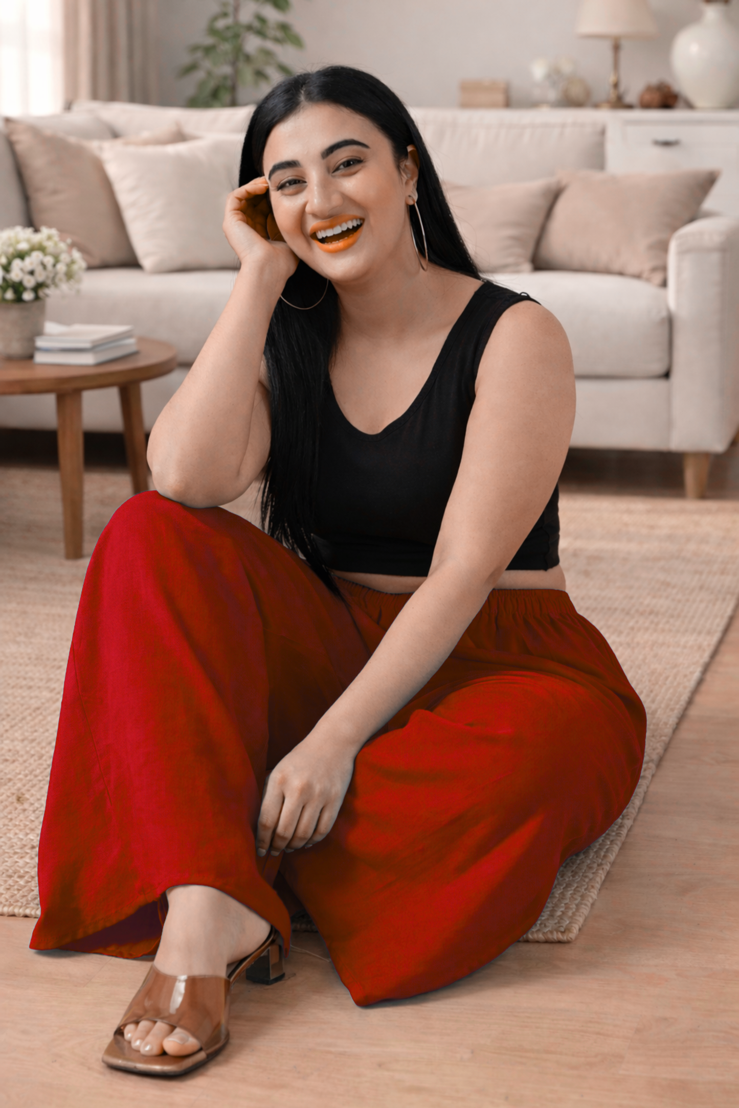 Red Rayon Loose Palazzo