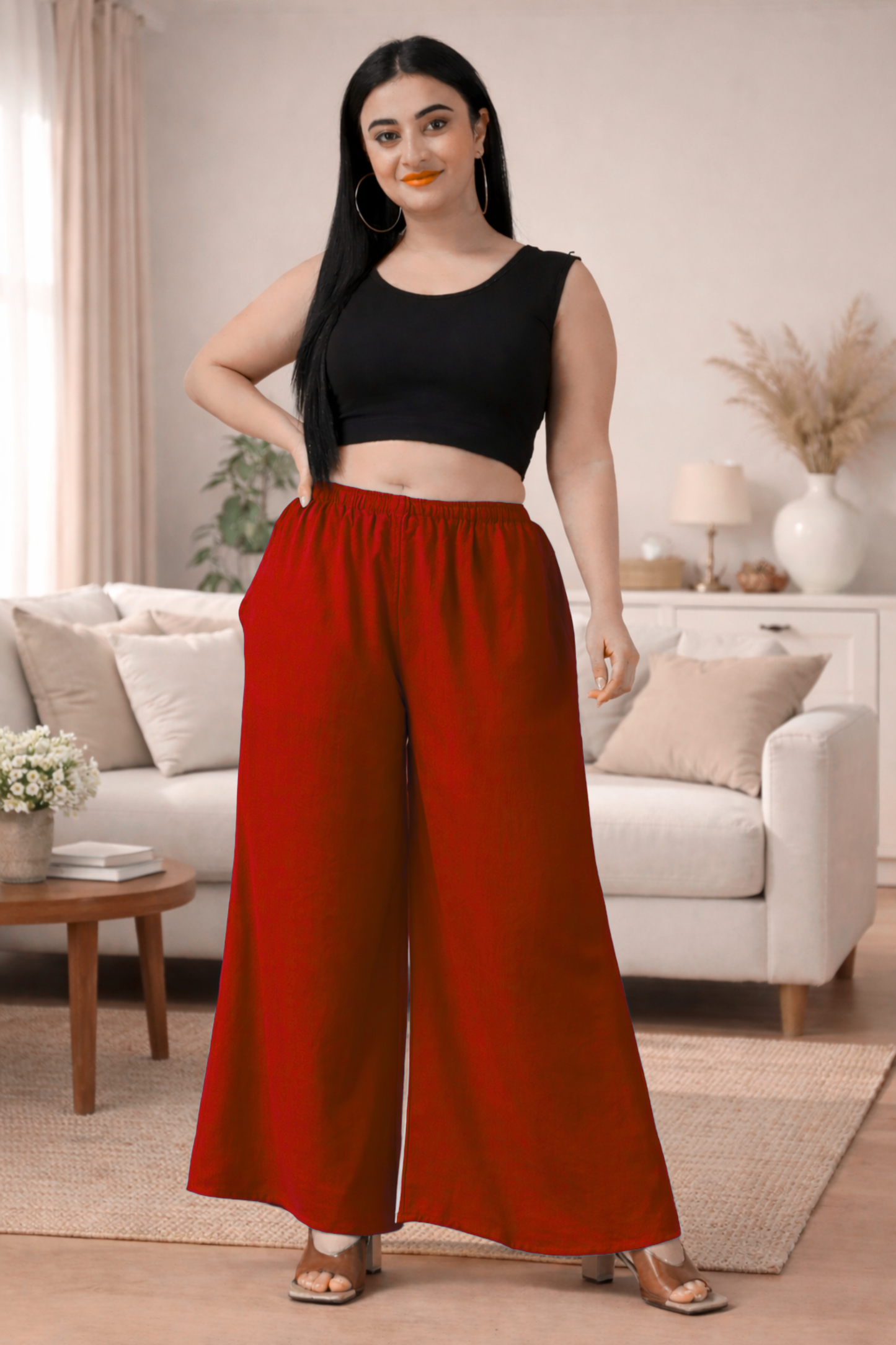 Red Rayon Loose Palazzo