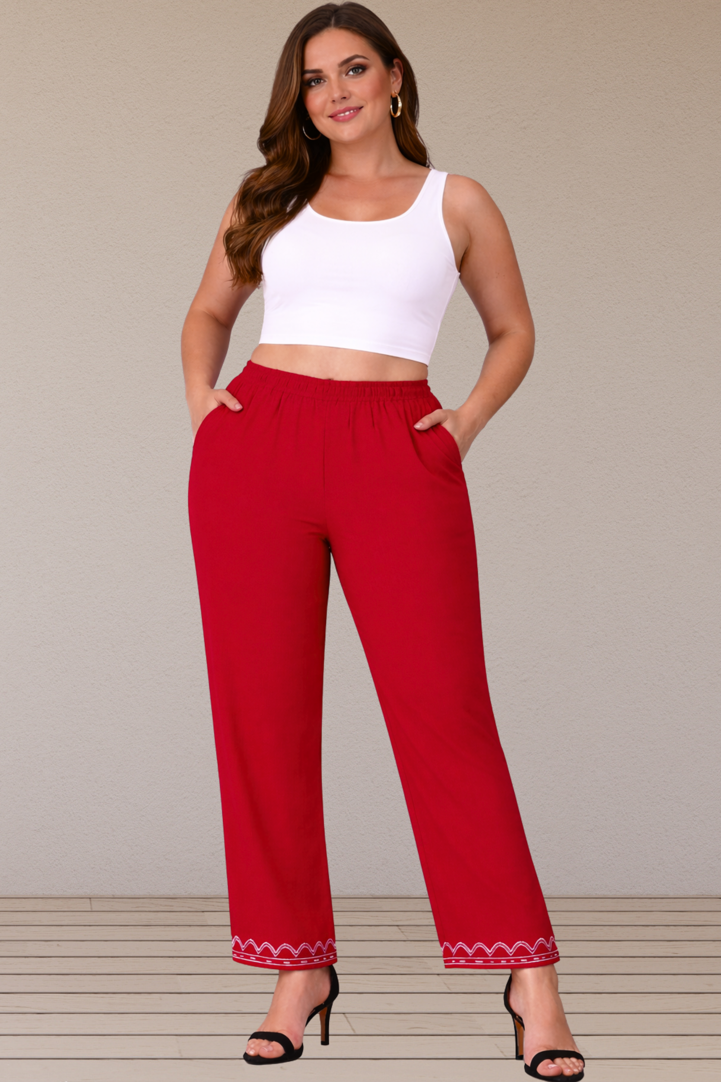Detailed Hemline Red Cotton Palazzo