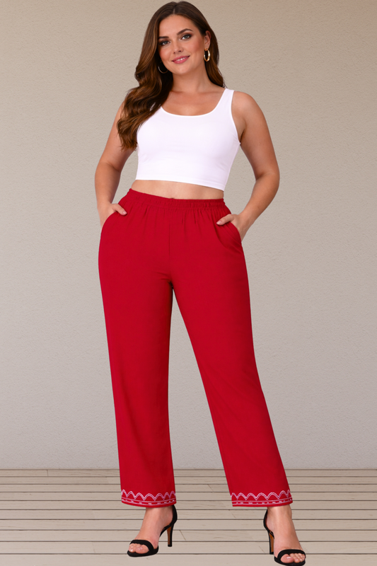 Detailed Hemline Red Cotton Palazzo