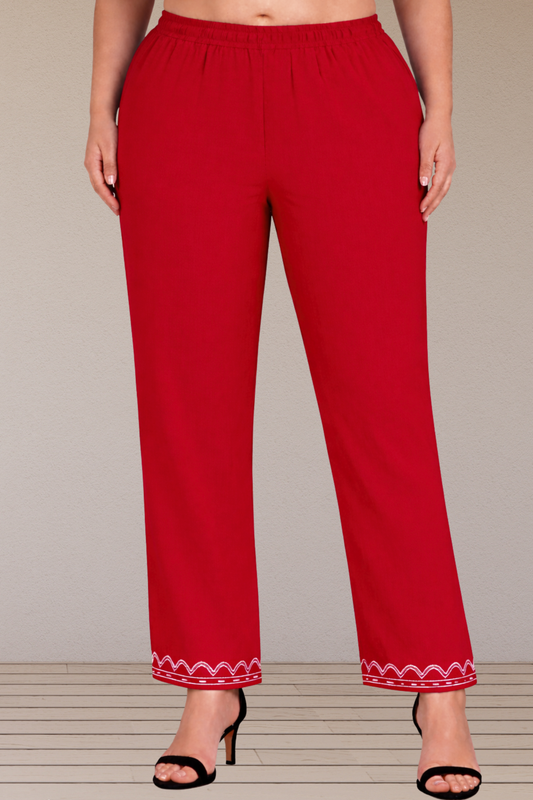 Detailed Hemline Red Cotton Palazzo