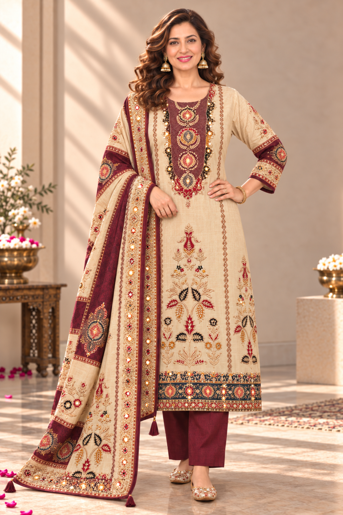 Rivaayat Maroon Muslin Suit With Aari Work