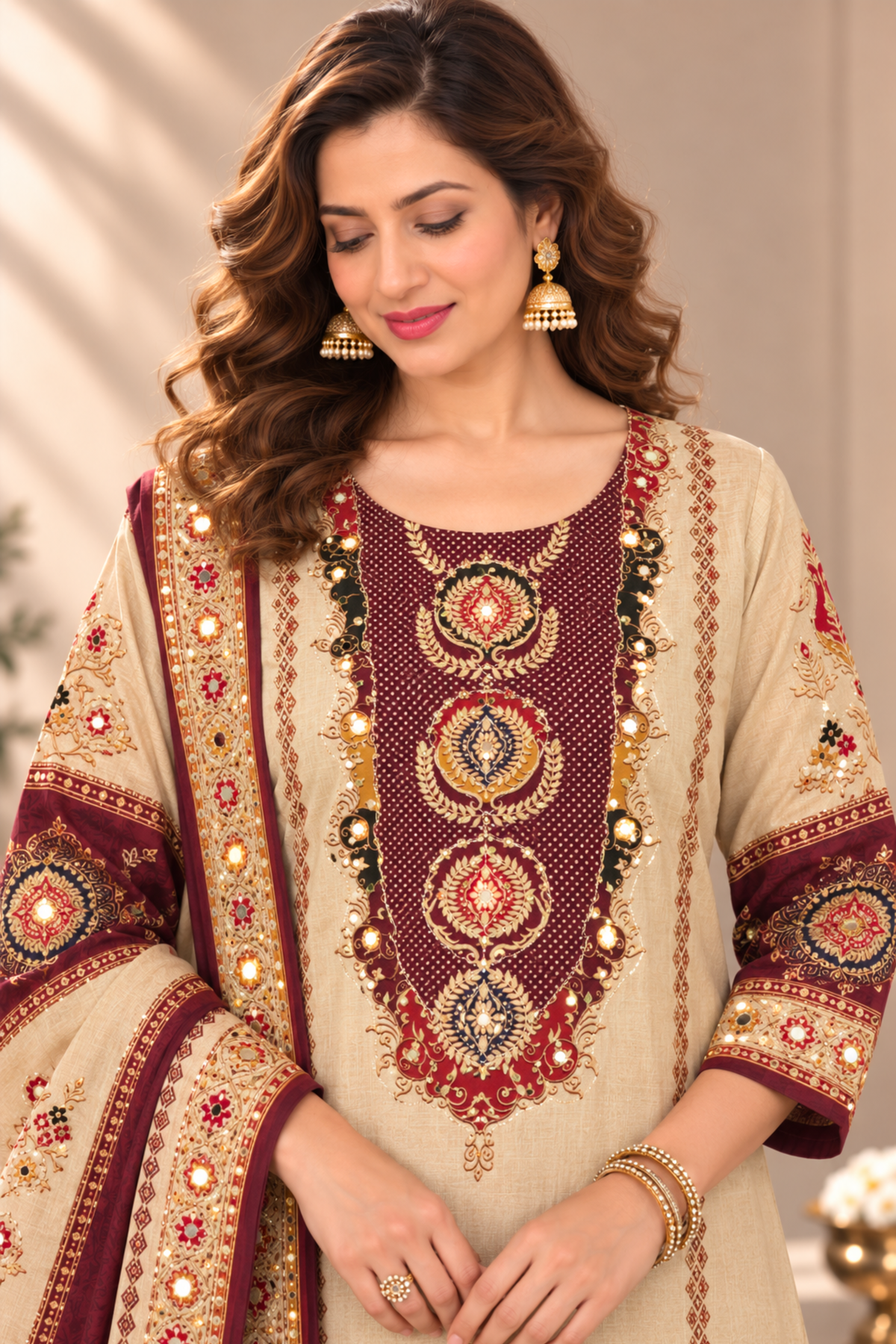 Rivaayat Maroon Muslin Suit With Aari Work
