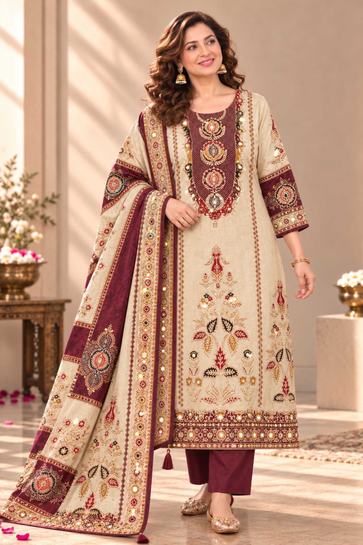Rivaayat Maroon Muslin Suit With Aari Work