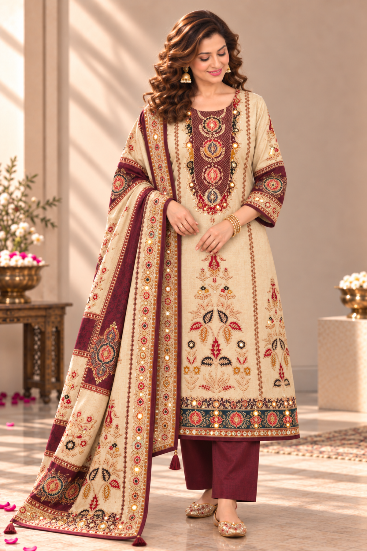 Rivaayat Maroon Muslin Suit With Aari Work
