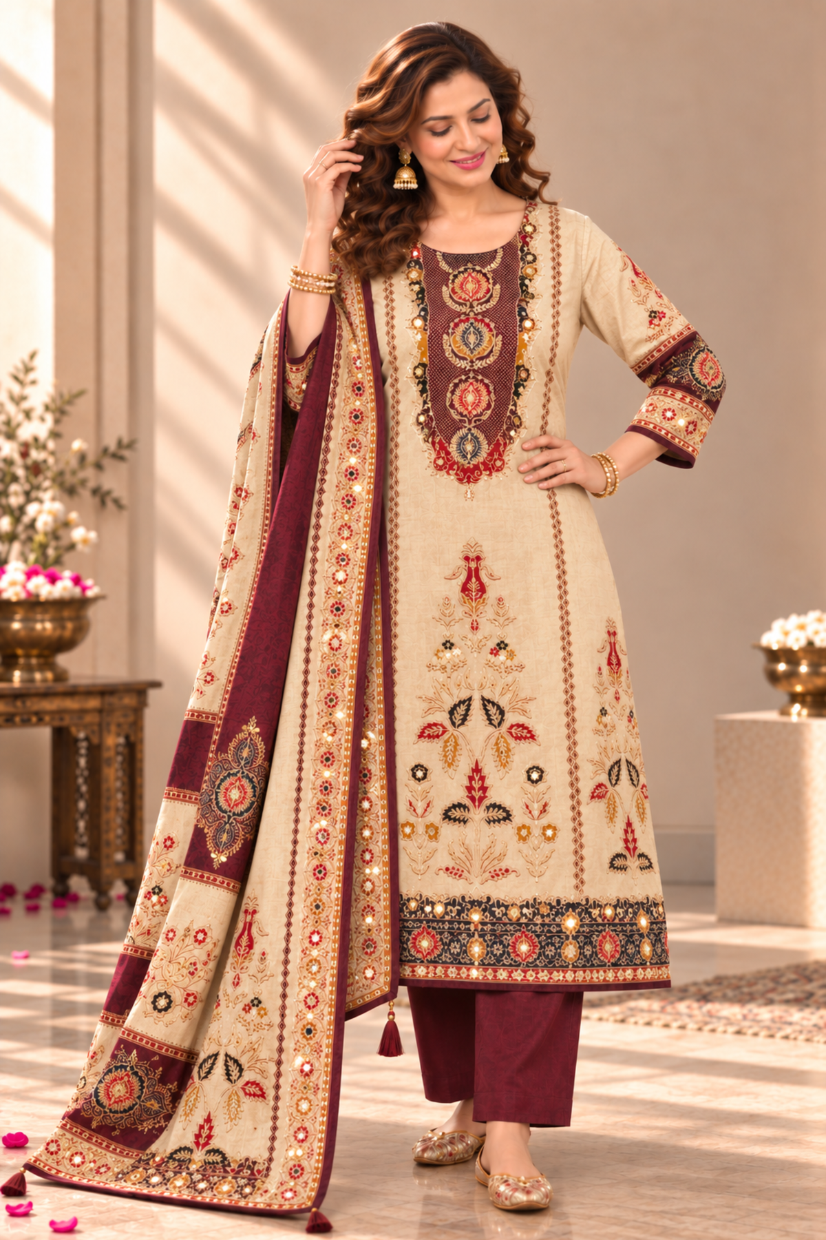 Rivaayat Maroon Muslin Suit With Aari Work
