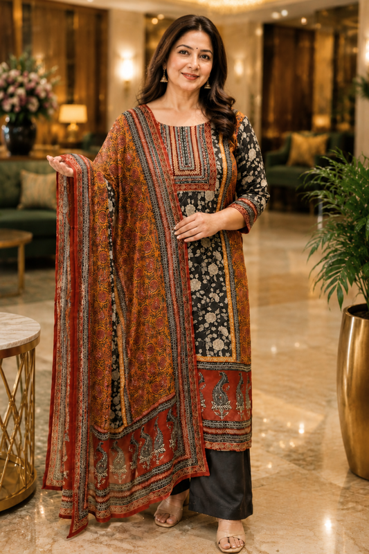 Rivaya Black Crepe Suit With Mirror Work