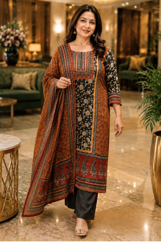 Rivaya Black Crepe Suit With Mirror Work