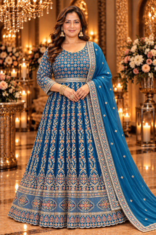 Riyana Navy Embroidered Dress With Dupatta