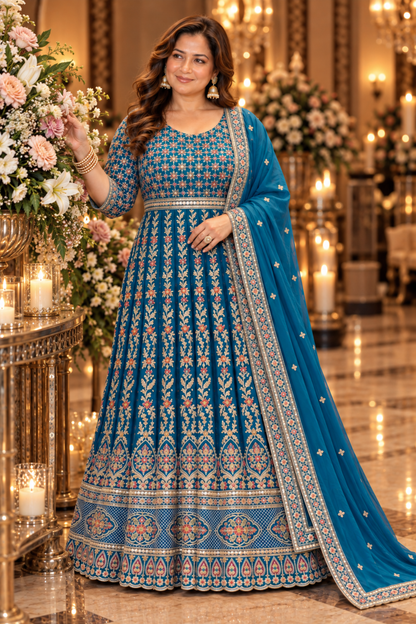 Riyana Navy Embroidered Dress With Dupatta