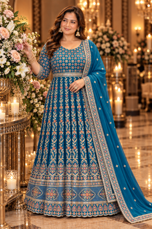Riyana Navy Embroidered Dress With Dupatta
