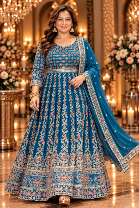 Riyana Navy Embroidered Dress With Dupatta