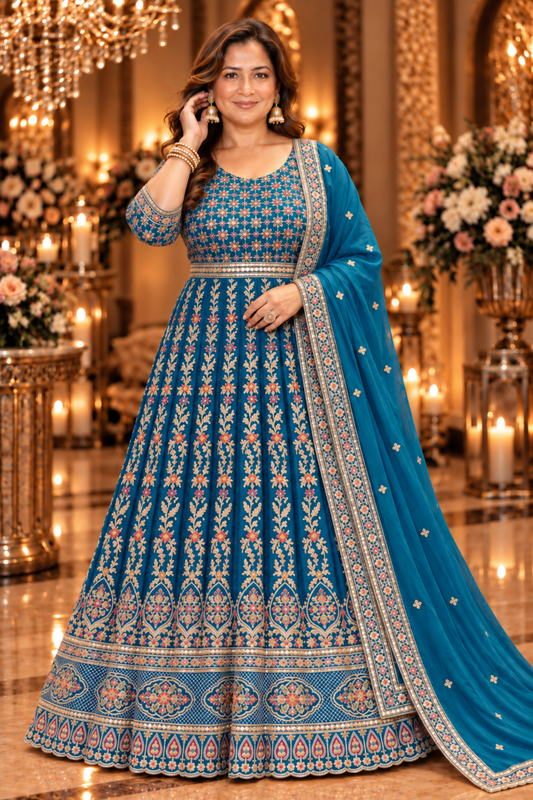 Riyana Navy Embroidered Dress With Dupatta