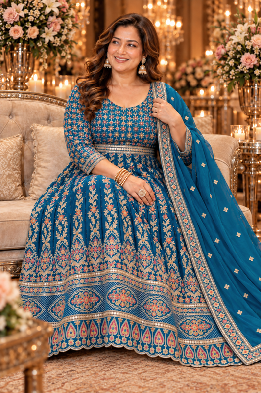 Riyana Navy Embroidered Dress With Dupatta