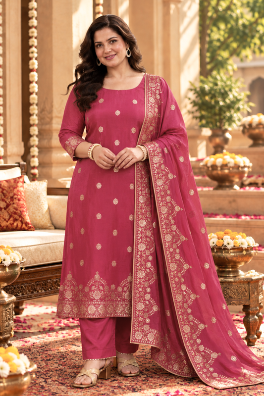 Rohini Pink Jacquard Silk Suit