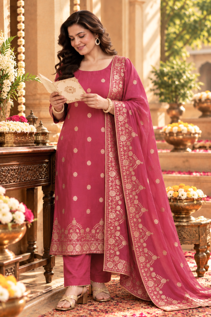 Rohini Pink Jacquard Silk Suit