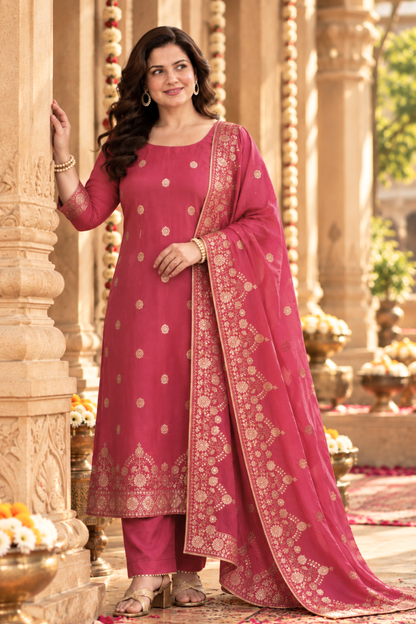 Rohini Pink Jacquard Silk Suit