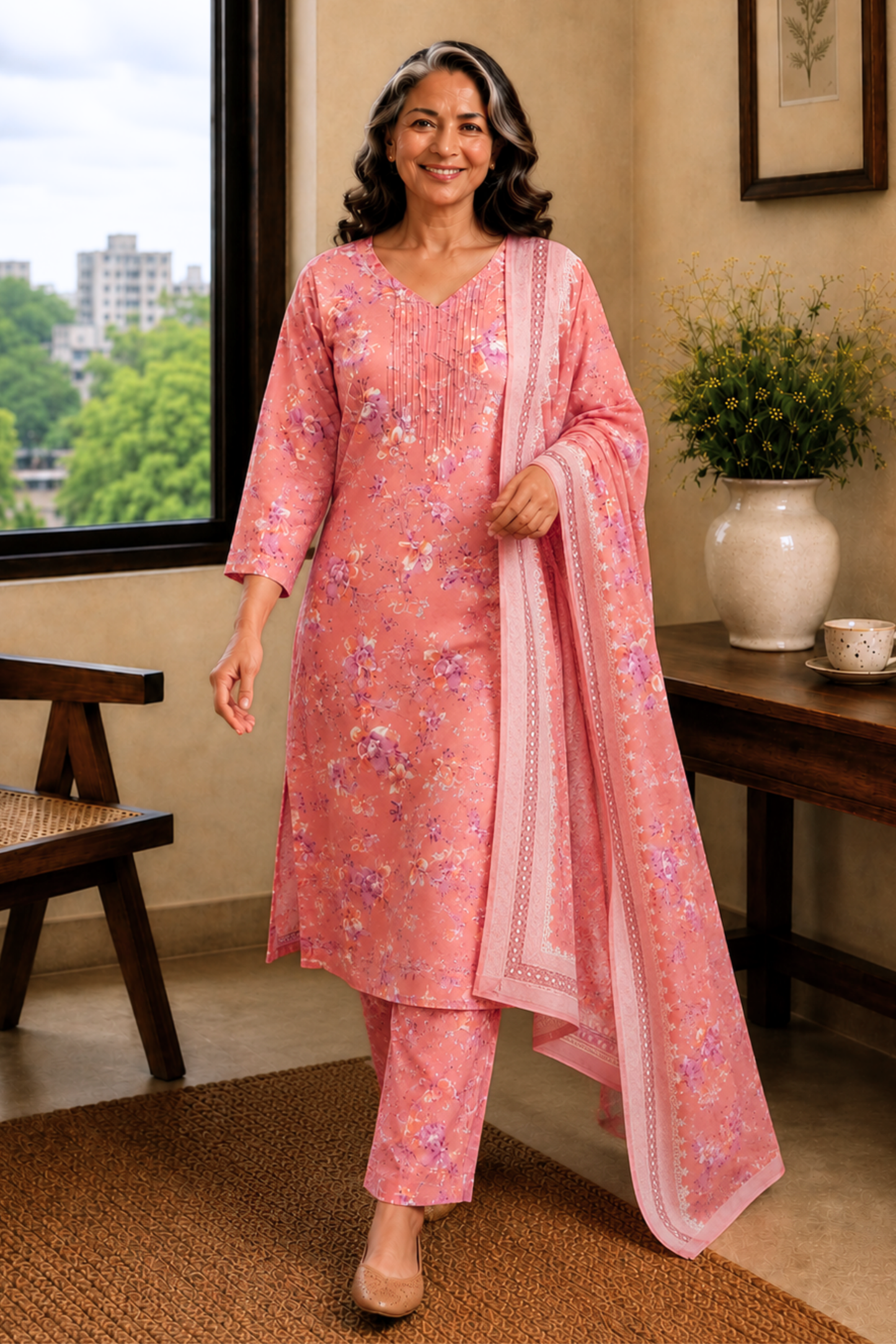 Rose Arbor Foiled Cotton Kurta With Pants